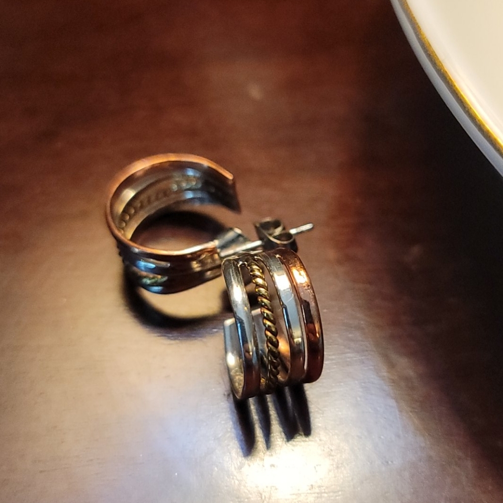 Sterling Silver Tri-Tone Semi Hoop Earrings